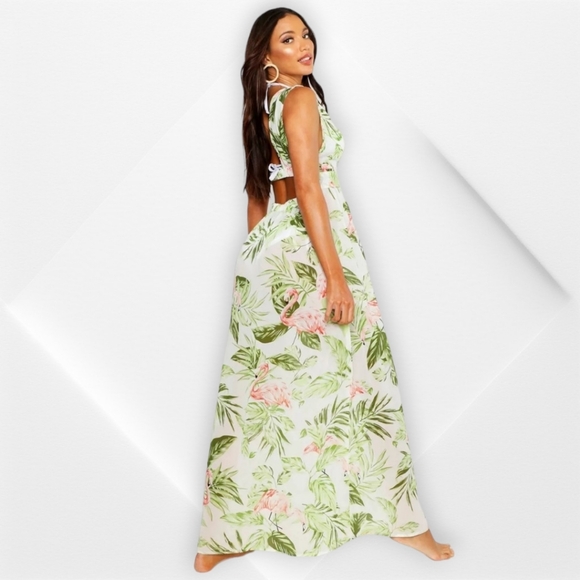 Boohoo Green White&Pink Tropical Vacation Cruise Pool Beach CoverUp Maxi Dress,S - Picture 3 of 13